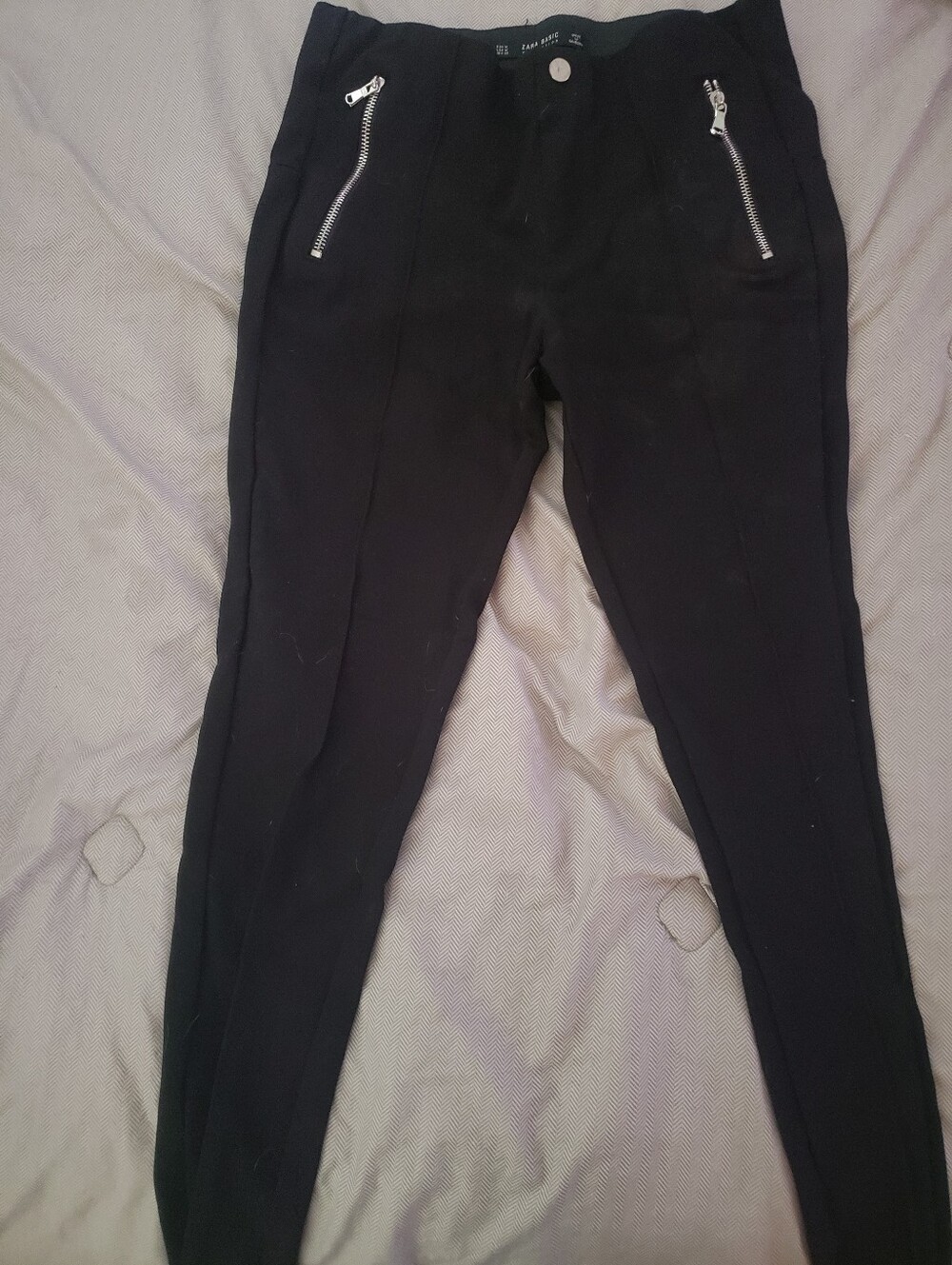 Zara Black Slim Stretch Pants with Silver Zip Pockets